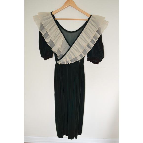 Green Vintage Velvet Midi Dress Lace Collar - Picture 10 of 11